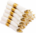 N9R 50 Pack Pre Rolled Gold Plastic Silverware with Napkins, Disposable