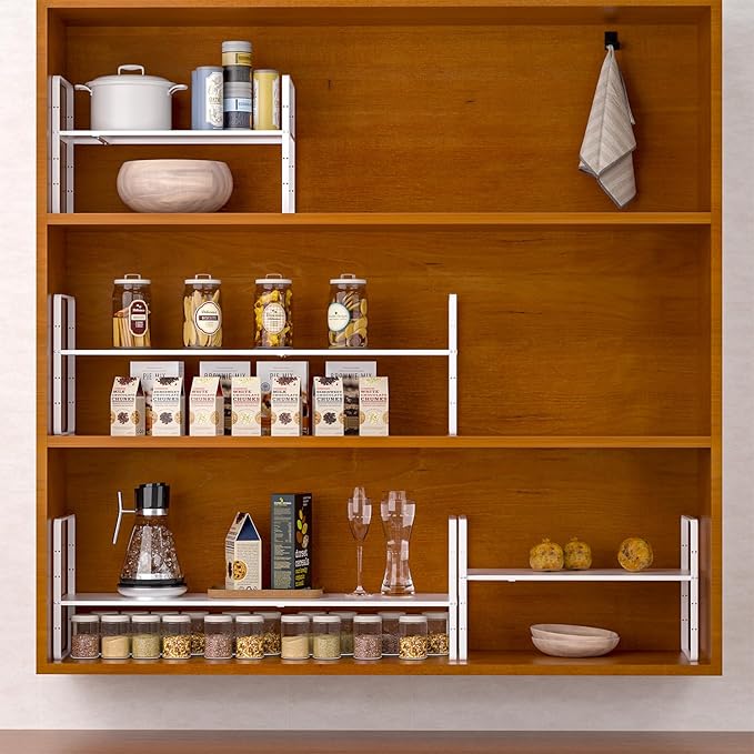 iPEGTOP Expandable Cabinet Storage Shelf Organizer Rack, 2 Pack Heavy Duty Steel Metal Spice Rack Adjustable Height Garage Pantry Shelf Space Riser for Counter Kitchen Organization, White