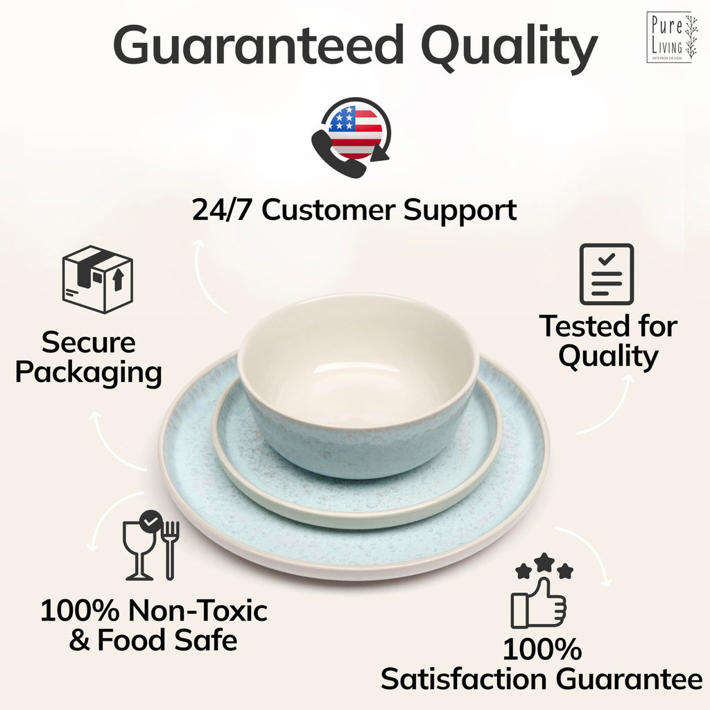 12 Piece Stoneware Dinnerware Set for 4 - Handmade Reactive Glaze Plates and Bowls Set - Chip & Scratch Resistant Dish Set - Dishwasher Microwave Safe - Light Beige & Blue