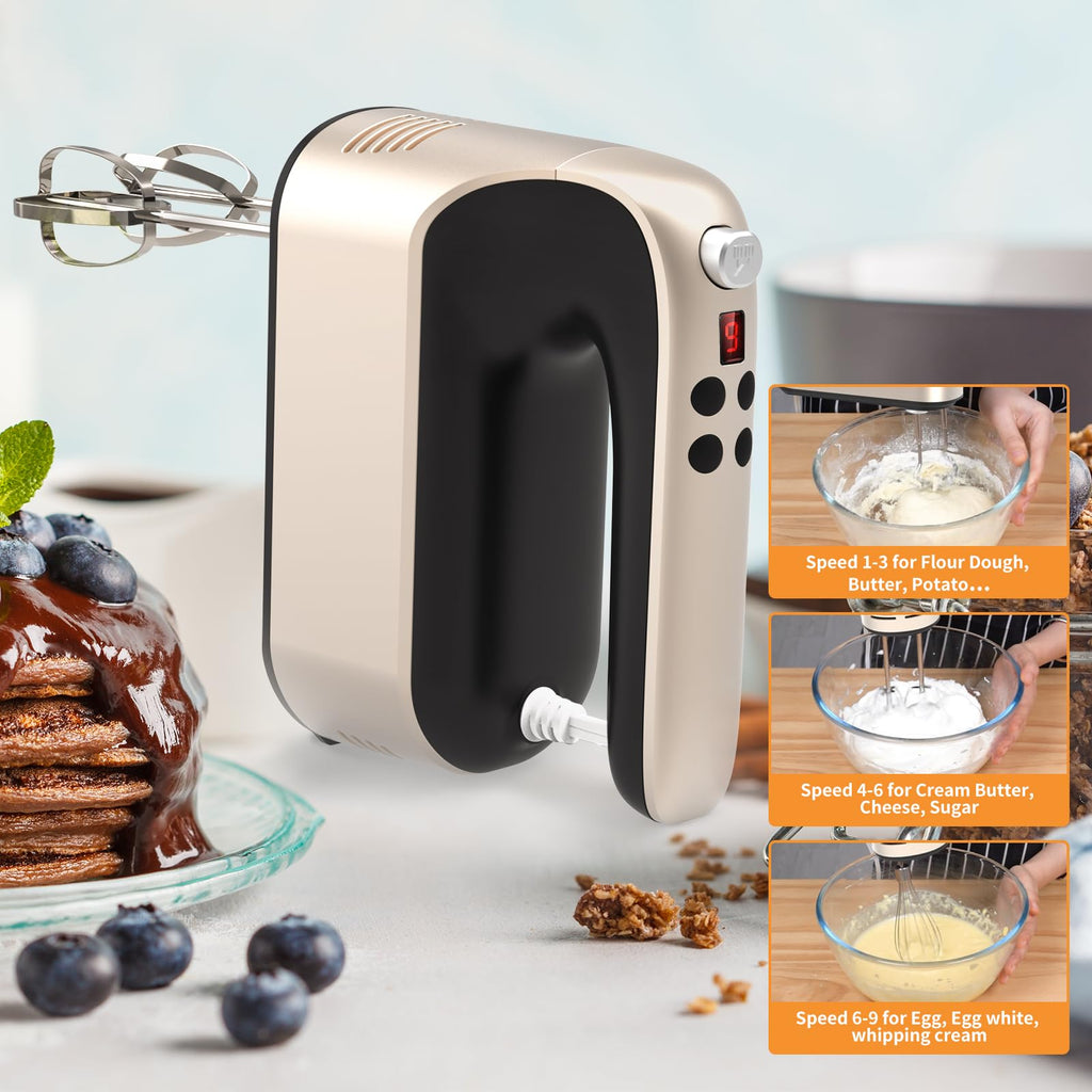 Yomelo 9-Speed Digital Hand Mixer Electric, 400W Powerful DC Motor, Hand Mixer Electric Handheld with Snap-On Storage Case, 5 Stainless Steel Accessories, Beaters, Dough Hooks, Whisk(Champagne Gold)