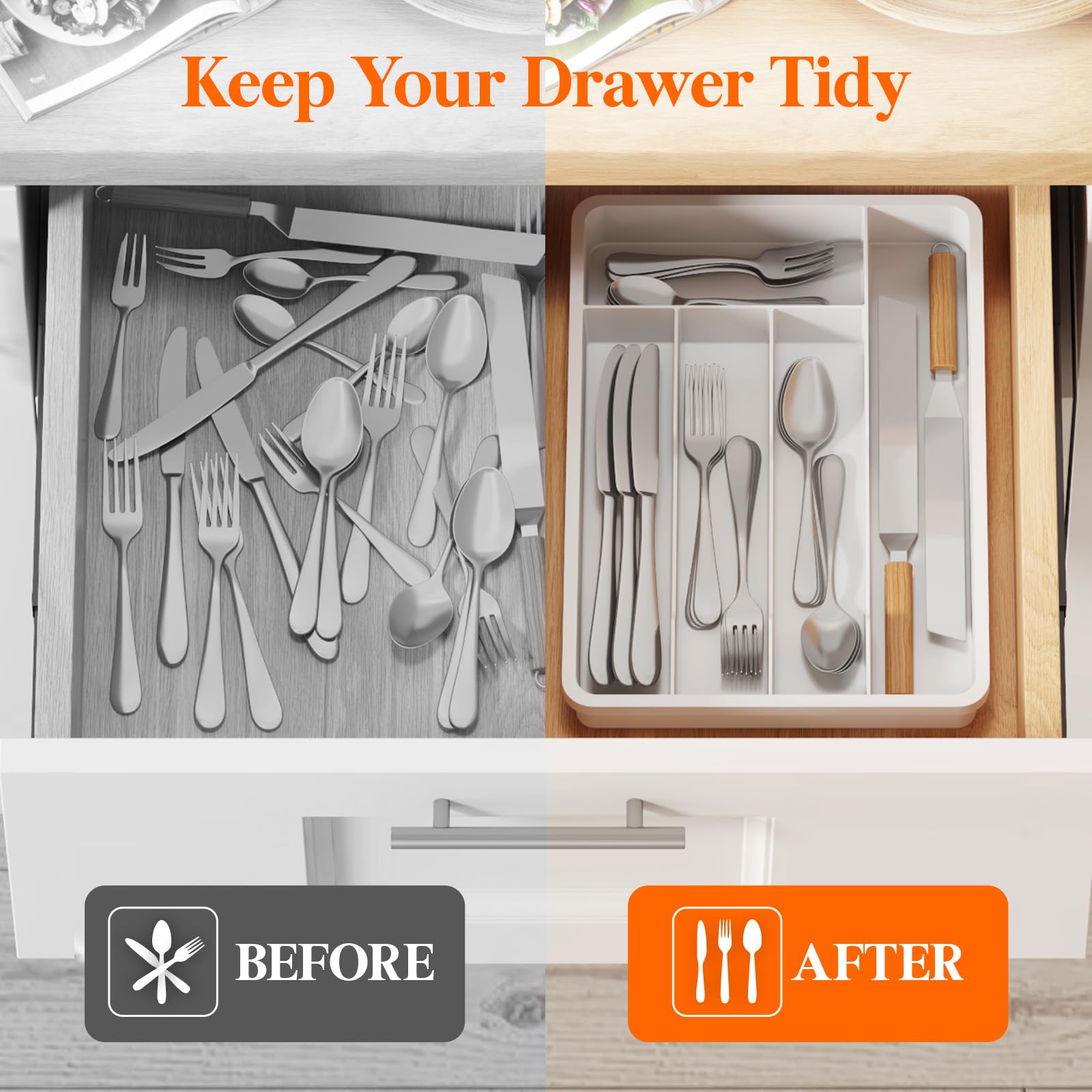 Lifewit Silverware Drawer Organizer Tray, Plastic Cutlery Storage for Kitchen, Flatware and Utensil Holder Divider for Spoons Forks Knives Tableware, 9.5 x 13.4", 5 Slots, White