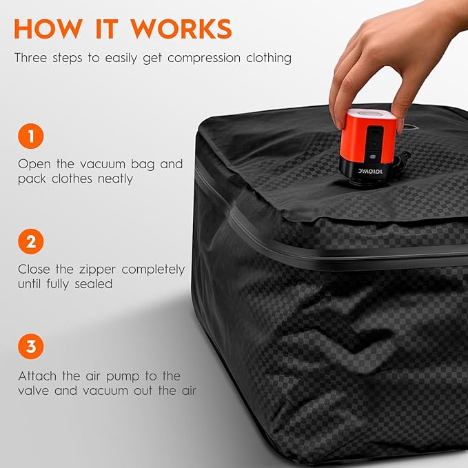 YOYOVAC 43L Max Capacity Vacuum Bags with Wireless Pump - Space Saver Compression Bags for Travel Luggage, No Checked Baggage, IP68, Reusable, Fits 20/24/28 Inch Suitcases (2PC No Tracker)