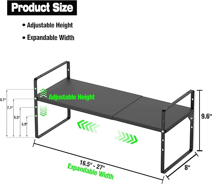 LOCVCDA Expandable Kitchen Cabinet Storage Shelf, Stackable Metal Pantry Storage Shelves Organizer, Adjustable Height Counter Spice Rack for Kitchen Cabinet, Countertop, Pantry and Office