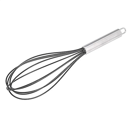 Amazon Basics Stainless Steel and Silicone Non-Stick Coated Whisk Set for Beating and Whisking, Dishwasher Safe, 8", 10", and 12", Pack of 3, Black