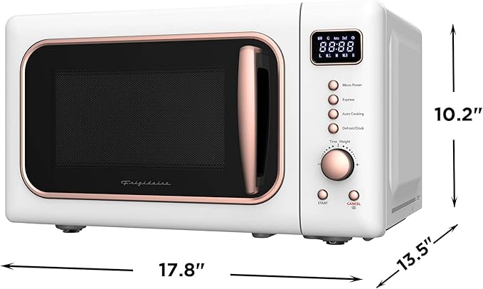 Frigidaire, 0.7 Cu. Ft. Retro Countertop Microwave Oven, 700W Compact Microwave with 8 Auto Cook Menus, Auto Defrost, 5 Power Levels, LED Display, Glass Turntable, White-RoseGold