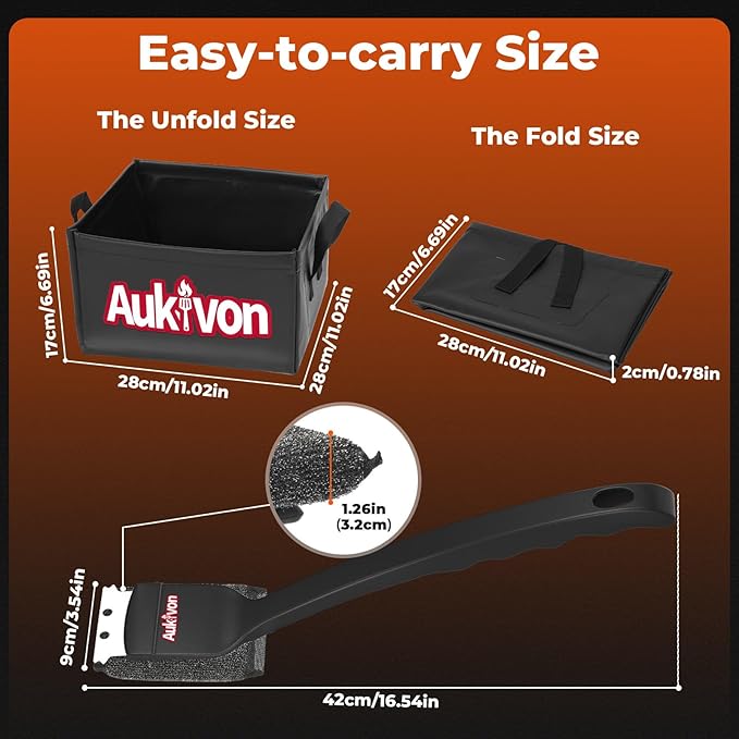 Aukivon 2PCS Upgraded Grill Brush for Outdoor Grill with Water Dunk Basin, Bristle Free, Steel Fiber Grill Brush for Cast Iron/Porcelain/Charcoal/Stainless Steel Grates, Gift for Men/Dad