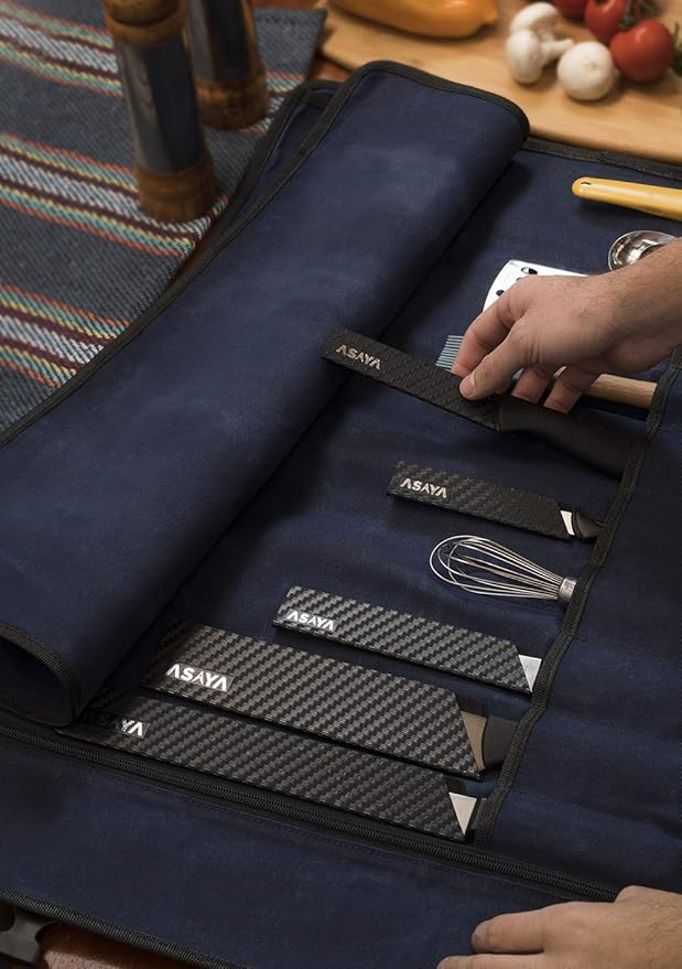 Asaya Waxed Canvas Chef Knife Roll Bag with 10 Slots and a Zipper Pocket - Professional Chef Knife Bag & Storage Case, with Shoulder Strap - Knives Not Included (Blue)