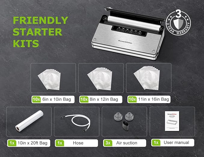 Bonsenkitchen Vacuum Sealer for Food, with Cutter&Bag Storage,Silver Black