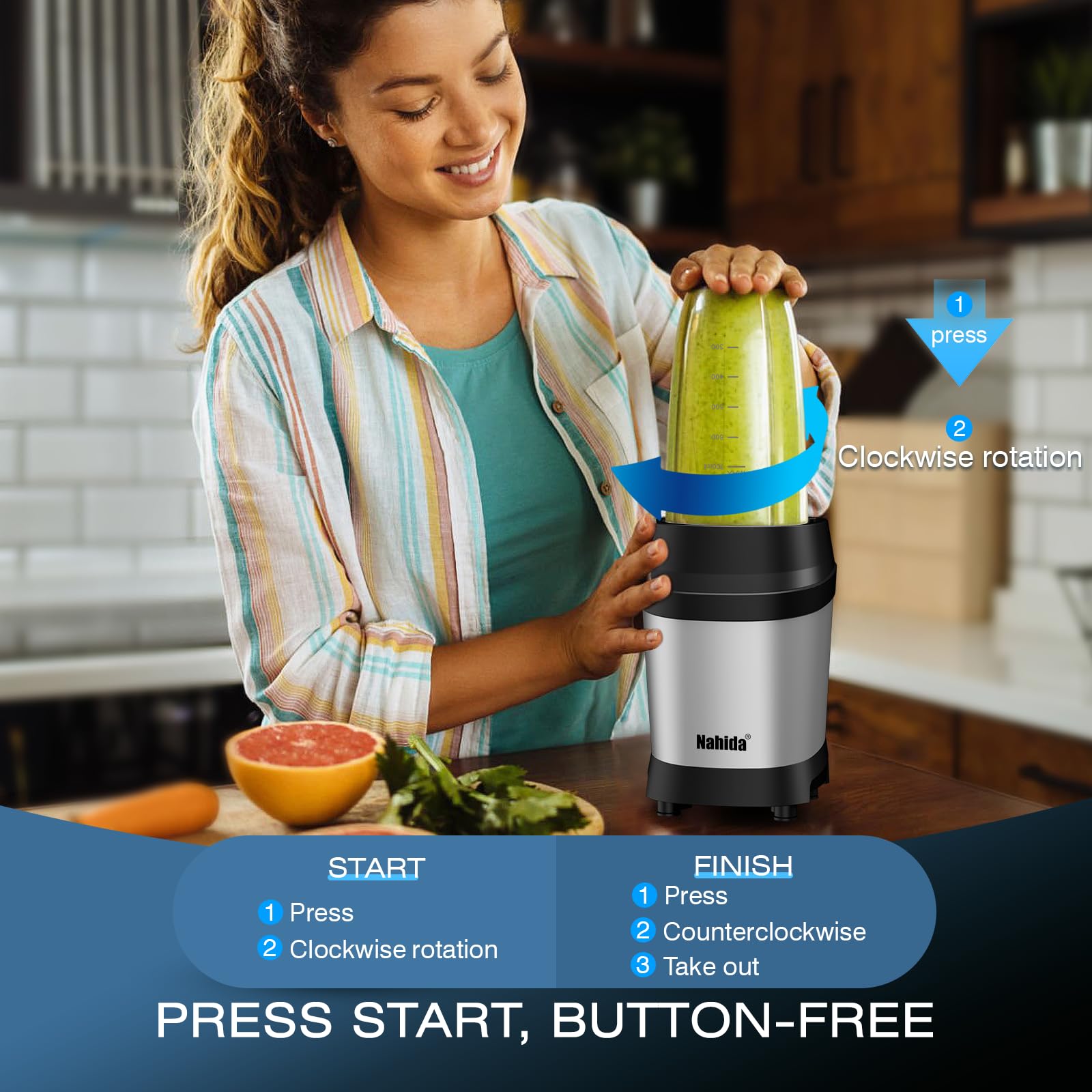 Nahida Blender for Smoothies, 1200W Smoothie Blender for Ice Crushing, Blenders with (2) 6-Fin Blades, Personal Blenders for Kitchen with 23oz, 32oz, 37oz Easy Go Cups for Juices, Silver