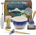Matcha Whisk Set Incl. Ceramic Bowl With Spout, Whisk (Chasen), Stand, Bamboo Scoop, Sifter, Electric Frother, Tea Towel etc. 9 Pcs Matcha Making Starter Kit, Blue&White