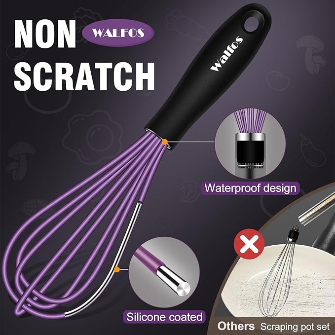 Walfos Whisk,5+7Inch Mini Whisks,Silicone Non Scratch whisk,Heat Resistant(480°F) Small whisks Suitable for stirring individual eggs and mixing small amounts of powder and sauce. Purple & Green