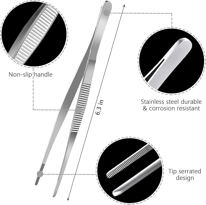 Yokudo 6.3 Inch Food Tweezers Stainless Steel with Precision Serrated Tips, 5PCS Kitchen Tweezers Set for Cooking, Baking, Cookie Cake Decoration, Metal Plating Tweezers