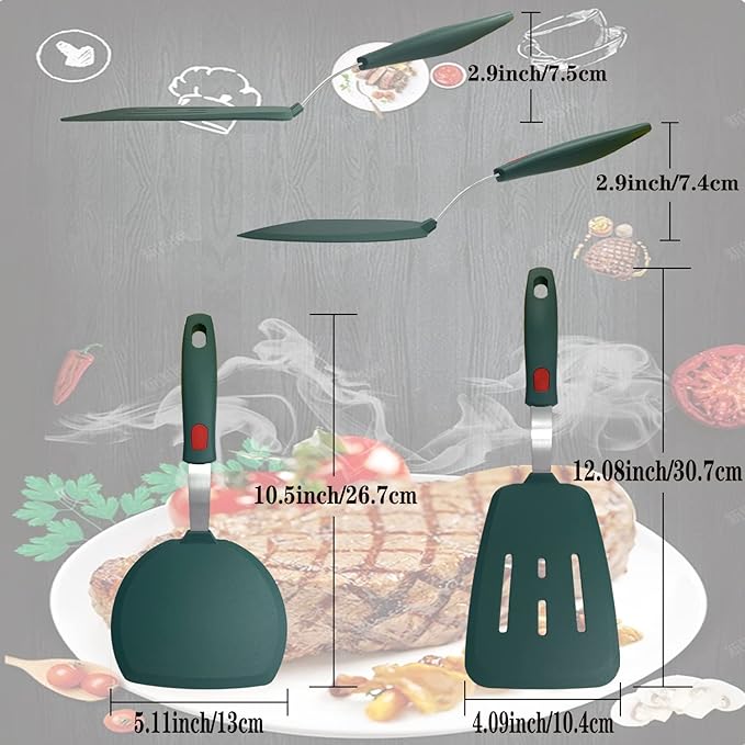 Silicone Spatula Set of 2 for Nonstick Cookware,Tenta Tenta Kitchen Slotted Angle Round Pancake Spatulas 600°F Heat Resistant Classic Rubber Spatula Set For Cooking-Dark Blue