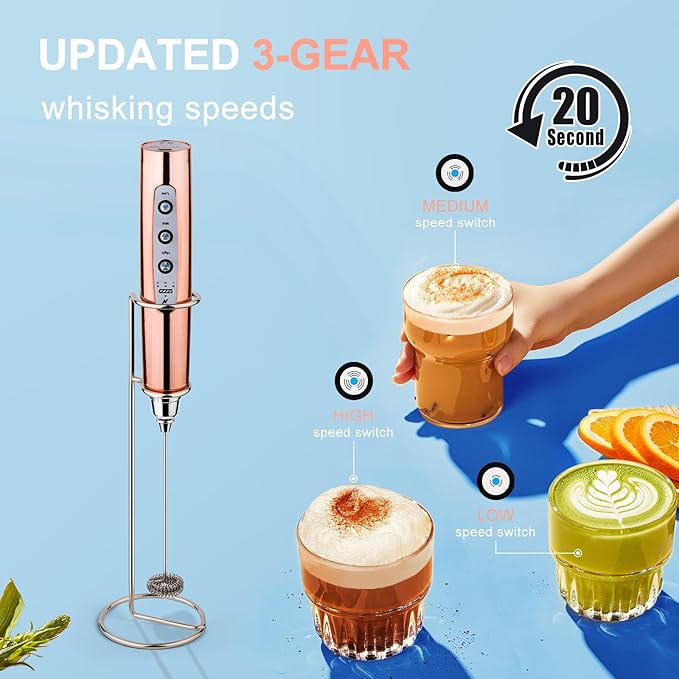 YUSWKO Handheld Milk Frother Wand for Coffee, Rechargeable Electric Whisk with 3 Heads 3 Speeds Drink Mixer Coffee Frother For Latte, Cappuccino, Hot Chocolate, Egg, Rose Gold with Holder