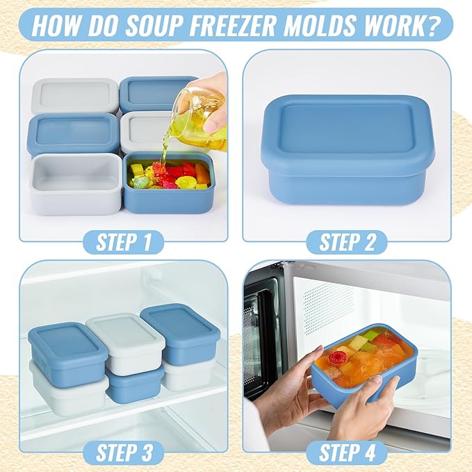 Teenyyou 6 Packs 1 Cup Silicone Freezer Molds with Lids Silicone Soup Freezer Molds Rectangle Reusable Food Preserving Tray Freezing Ice, Leftovers and Meal Prep