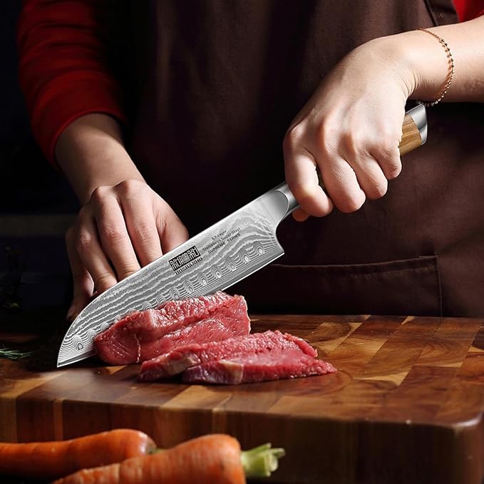 HOSHANHO Damascus Santoku Knife 7", Sharp Chef Knife, Ergonomic Wood Handle