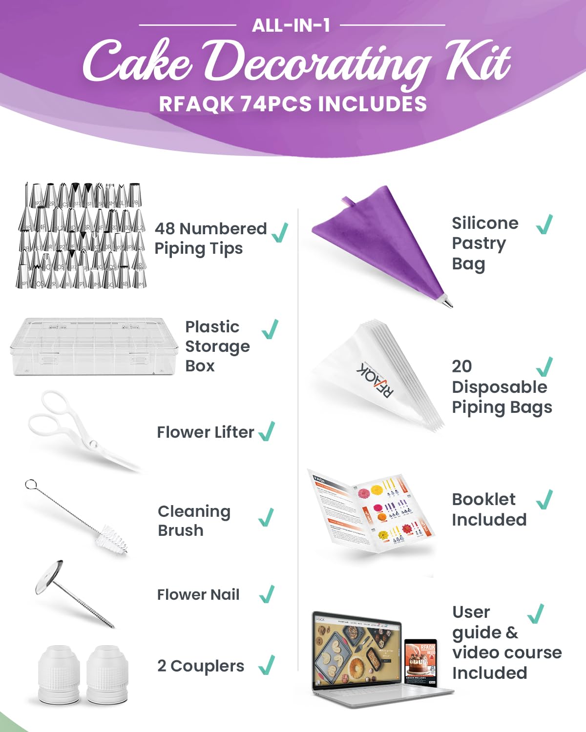 RFAQK 74 PCs Icing Piping Bags and Tips Set, Cake Decorating Kit with 48-Numbered Piping Tips, 20+1 Pastry Bags for Cookie Cupcake Cake Decoration, with Booklet and E-book (Purple)