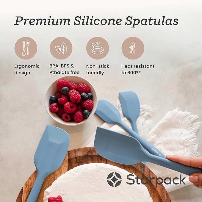 Starpack 'Scrape and Stir' Silicone Rubber Spatula Set (4-Piece) - LFGB Non Toxic, 600°F Heat Resistant, BPA-Free, One-Piece Kitchen Baking Spatulas - Dishwasher Safe for Nonstick Cookware Light Blue