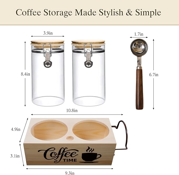 EQEY Glass Coffee Canister Set with Shelf & Spoon 2 Piece Coffee Containers for Coffee Bean Storage Airtight Seal, Coffee Bar Accessories Filter Holder for Kitchen Organization