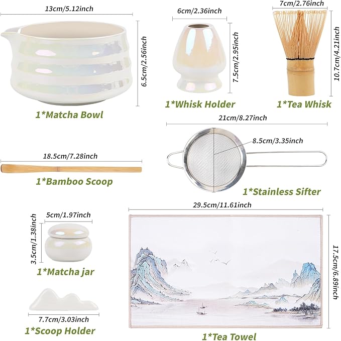 ROMROC 8PCS Matcha Whisk Set, Ceramic Matcha Kit Set Whisk and Bowl (White)