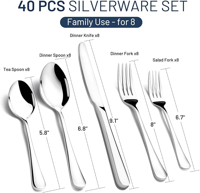 KIKCOIN 40 Pack Silverware Set for 8, Food-Grade Stainless Steel Flatware Set, Heavy Duty Mirror Polished Cutlery Utensils Set with Knives Spoons and Forks Set for Home Kitchen Restaurant Wedding