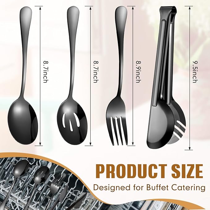 Patelai 15 Pcs Black Stainless Steel Serving Utensil Set 8.7" Large Spoons and Slotted Spoon 9.45" Tong 9" Forks Flatware Wedding Party Restaurant Cooking Kitchen Holiday Buffet Banquet Catering Hotel
