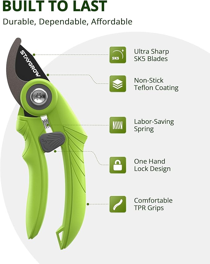 STAYGROW Garden Shears 6.9" Pruning Shears for Gardening Green