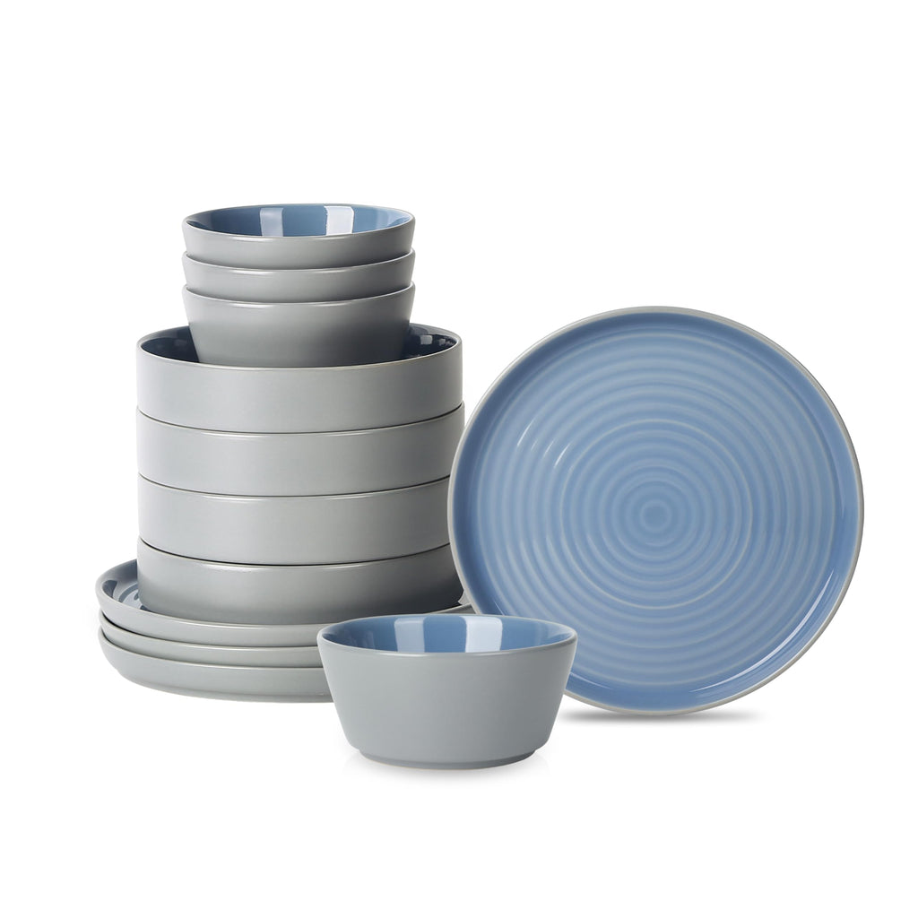 Stone Lain Elica 12-Piece Modern Dinnerware Set Stoneware, Plates and Bowl Sets for 4, Blue and Grey