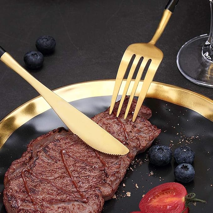I00000 144Pcs Black Plastic Silverware Set, Gold Utensils with Black Handle