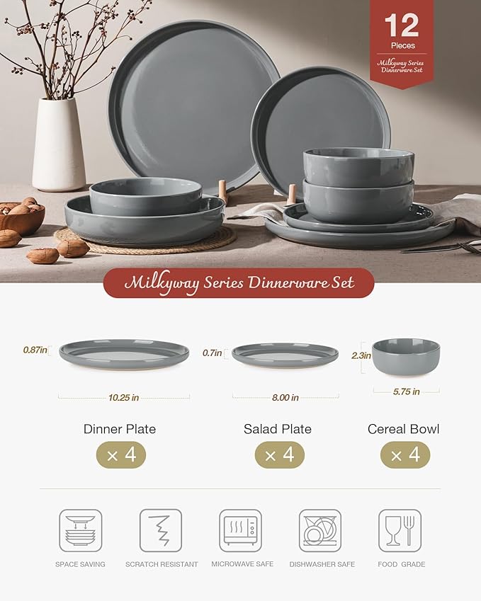 Famiware Milkyway 12-Piece Stoneware Dinnerware Set, Dark Gray