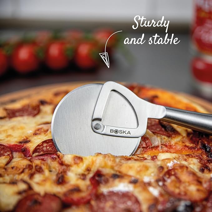 Boska Stainless Steel Pizza Cutter - Copenhagen Multifunctional Pizza Wheel Cutter - Handheld Food Slicer - Silver Non-Stick Adjustable Roller - Dishwasher Safe - for Kitchen Cooking