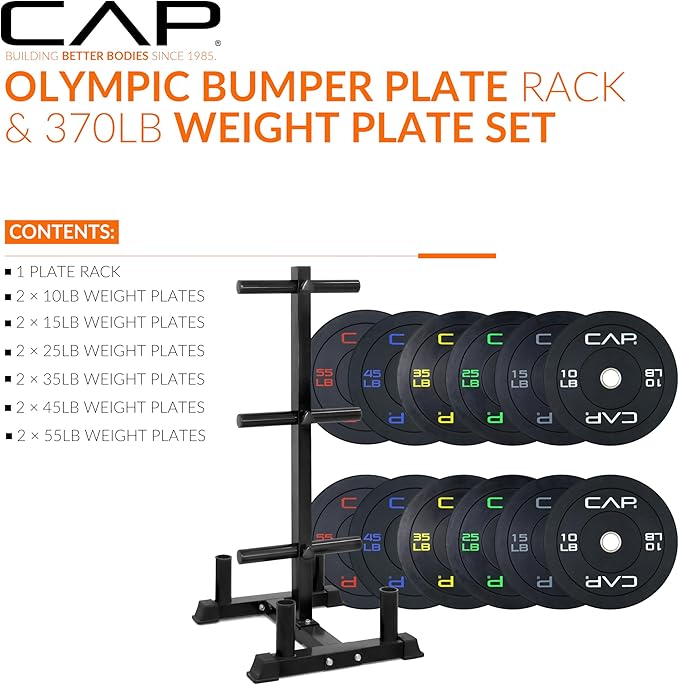 CAP 370lb Economy Olympic Bumper Plate Set with Storage Rack