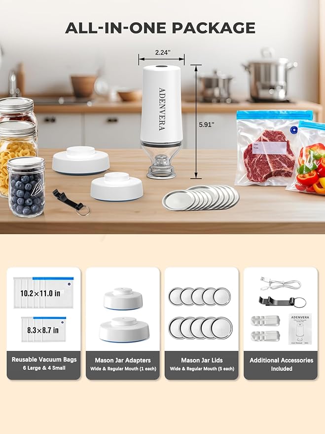 ADENVERA Compact Vacuum Sealer for Food — Electric Mason Jar Vacuum Sealer Kit & Handheld Sealer with 10 Reusable Bags & 10 Mason Jar Lids, Portable Rechargeable, Smart Auto-Stop, White