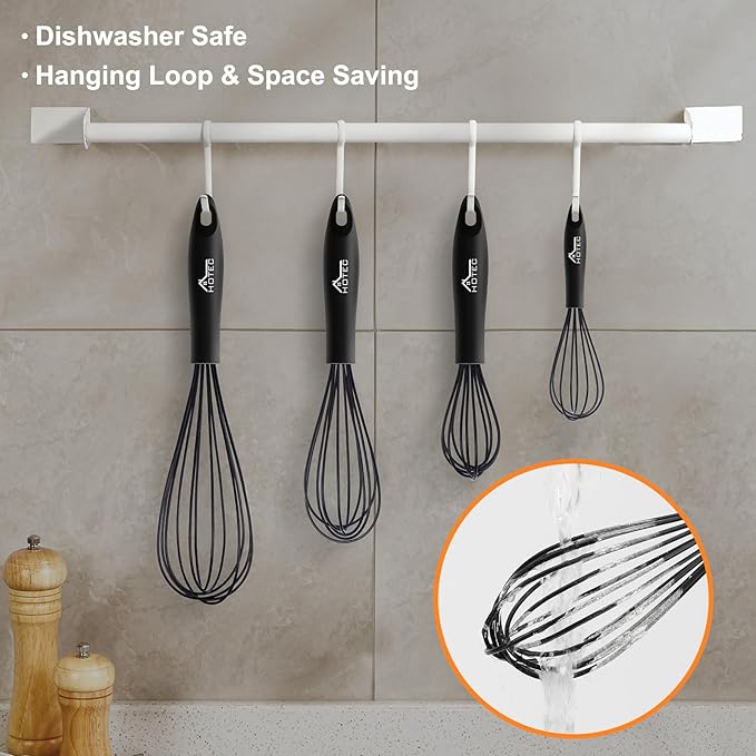 HOTEC 4 Pieces Silicone Whisks Set, Wire Balloon Whisks for cooking Egg Beater, Non-slip Handle Whisk for Non-stick Cookware Perfect for Cooking, Stirring, Beating and Blending,Black