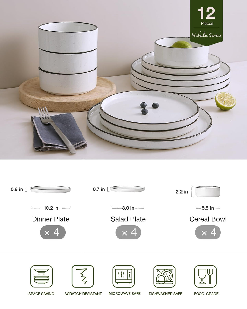 Famiware Nebula 12-Piece Dinnerware Set, White with Black Rim