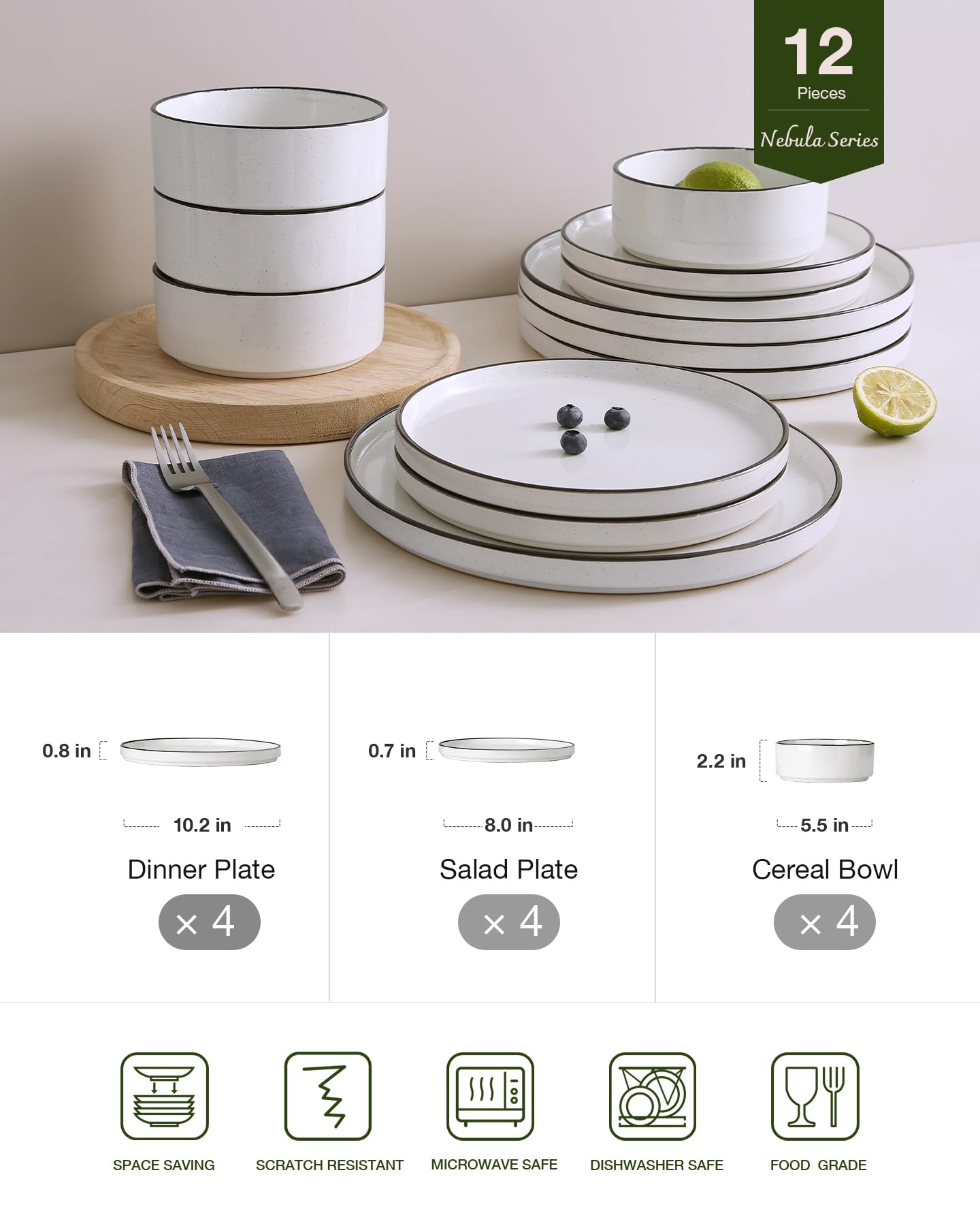Famiware Nebula 12-Piece Dinnerware Set, White with Black Rim