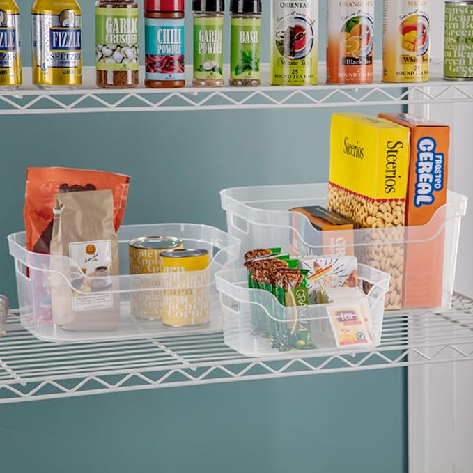 Sterilite 9.5 x 6.5 x 4 Inch Small Open Scoop Front Clear Storage Bin with Comfortable Carry Through Handles for Household Organization (48 Pack)