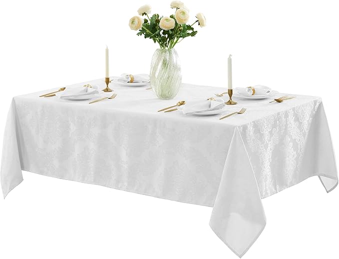 Newbridge Barcelona Luxury Damask Fabric Tablecloth, 70” Extra Wide x 90” Rectangle, White, 100% Polyester, No Iron, Soil Resistant Dining Room, Party and Banquet Table Cover