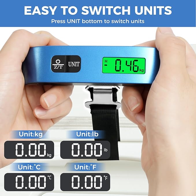 BAGAIL Digital Luggage Scale, 110lbs Hanging Baggage Scale with Backlit LCD Display,Portable Suitcase Weighing Scale,Travel Luggage Weight Scale with Hook,Strong Straps for Travelers(Blue)