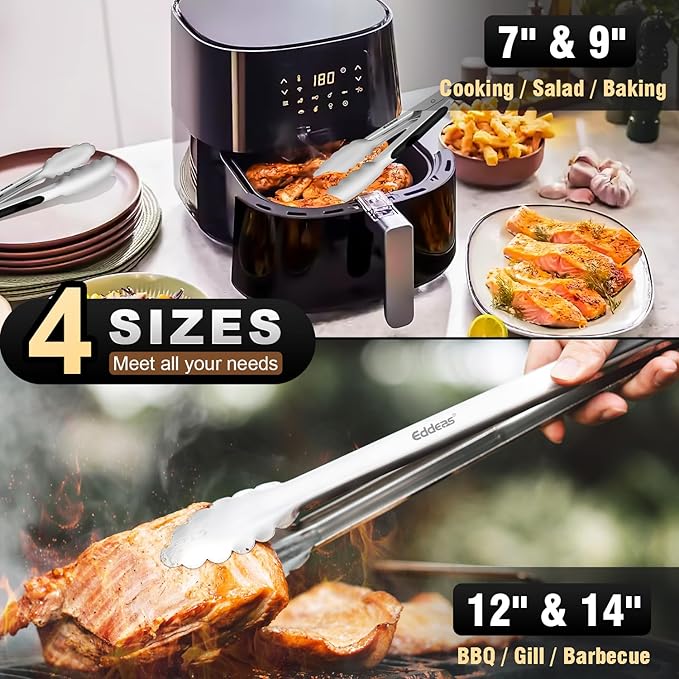 EDDEAS Grill Tongs - BBQ Tongs Heat Resistant 600 Degrees, Heavy Duty Metal, Perfect for Cooking, Grilling, Set of 4, 7",9",12" & 14 inch Black