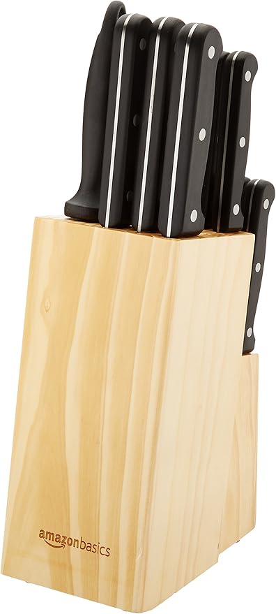 Amazon Basics 14-Piece High Carbon Stainless Steel Kitchen Knife Set with Full Tang Construction, Ergonomic Handles, Sharpener and Pinewood Block, Black