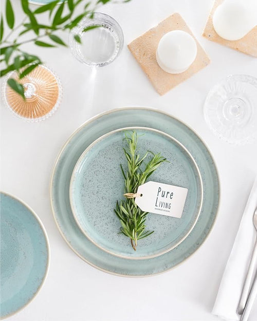 12 Piece Stoneware Dinnerware Set for 4 - Handmade Reactive Glaze Plates and Bowls Set - Chip & Scratch Resistant Dish Set - Dishwasher Microwave Safe - Light Beige & Blue