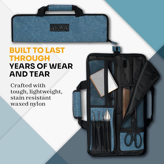 Asaya Chef Knife Roll Bag - 12-Pocket Chefs Case for Kitchen Knives and Utensils, Lightweight Stain-Resistant Waxed Nylon Chef Knife Bag - Knives Not Included (Blue)