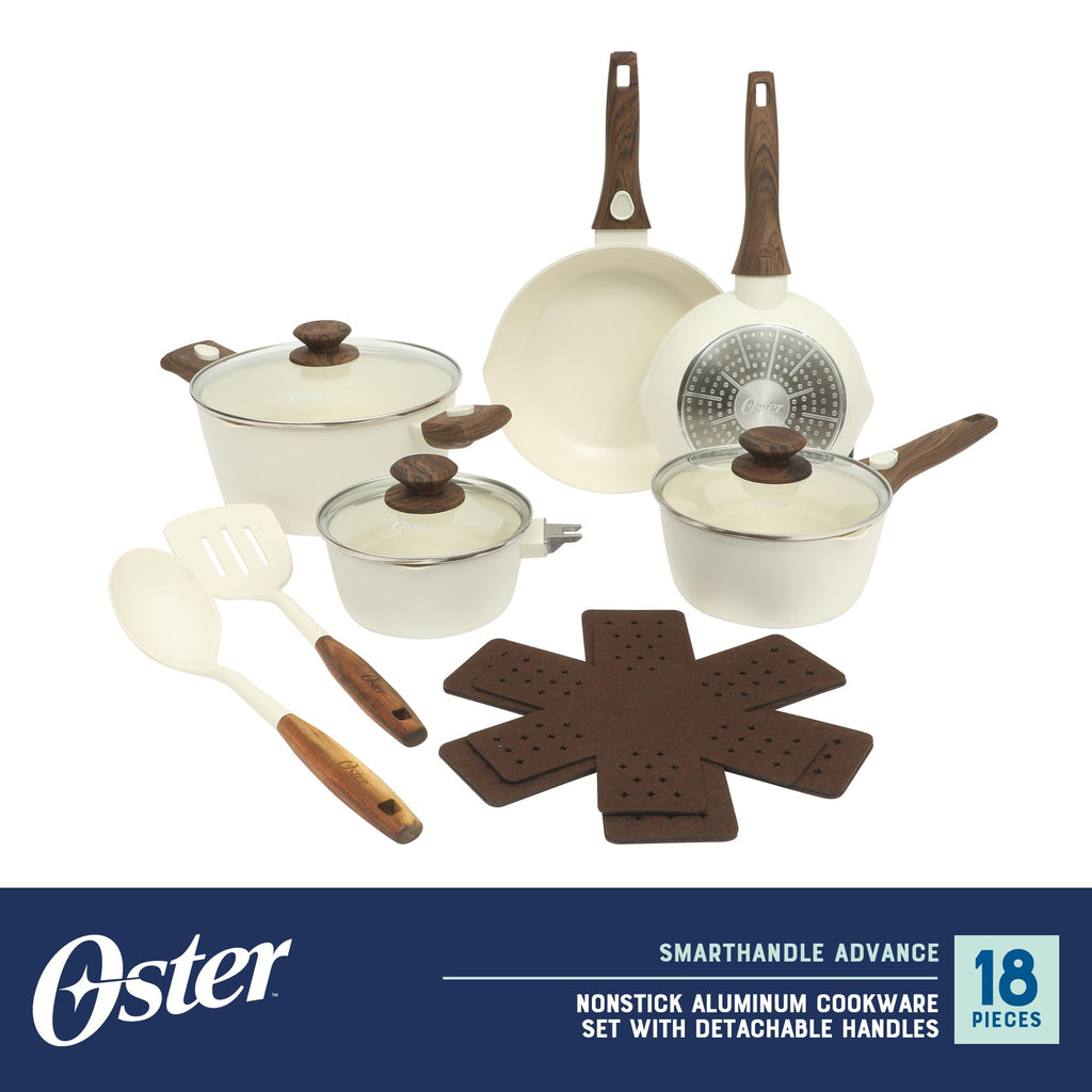 Oster SmartHandle Advance 18-Piece Ceramic Nonstick Cookware Set – Matte Linen Finish, Induction, Detachable Handles, Oven & Dishwasher Safe Pots Pans, w/Utensils & Pan Protectors