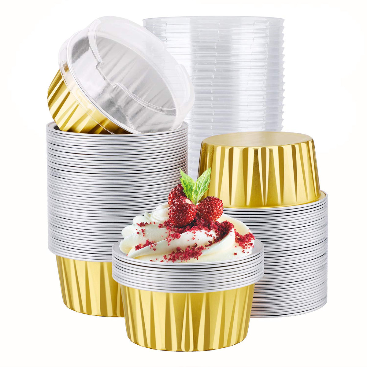 EUSOAR Cupcake Liners for Baking, 50pcs 5oz Muffin Liners, Disposable Foil Ramekins, Dessert Containers, Aluminum Foil Baking Cupcake Cups Holders Pans with Lids 5 Colors Mixed