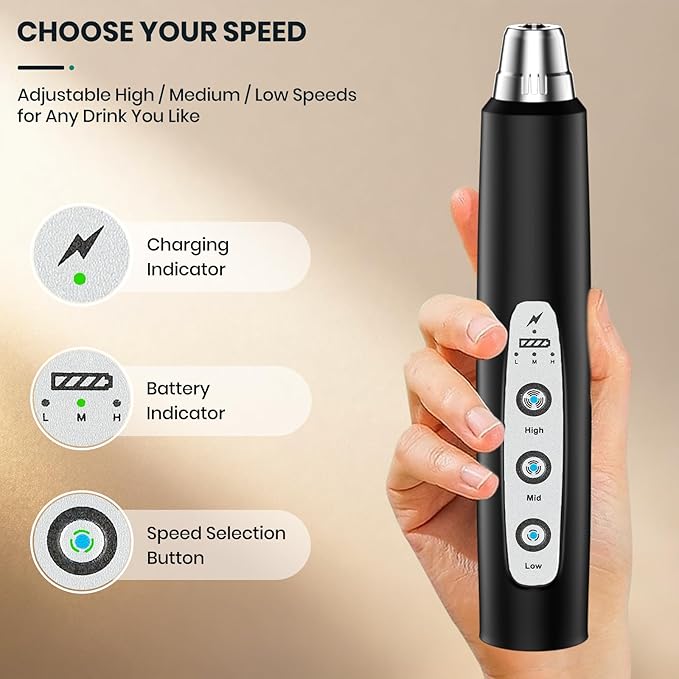 Colarlemo Milk Frother Handheld Rechargeable with Stand, Frother Wand Drink Mixer Electric Whisk for Coffee, Detachable With 3 Stainless Whisks, Hand Mixer for Lattes, Cappuccino, Matcha, Egg, Black