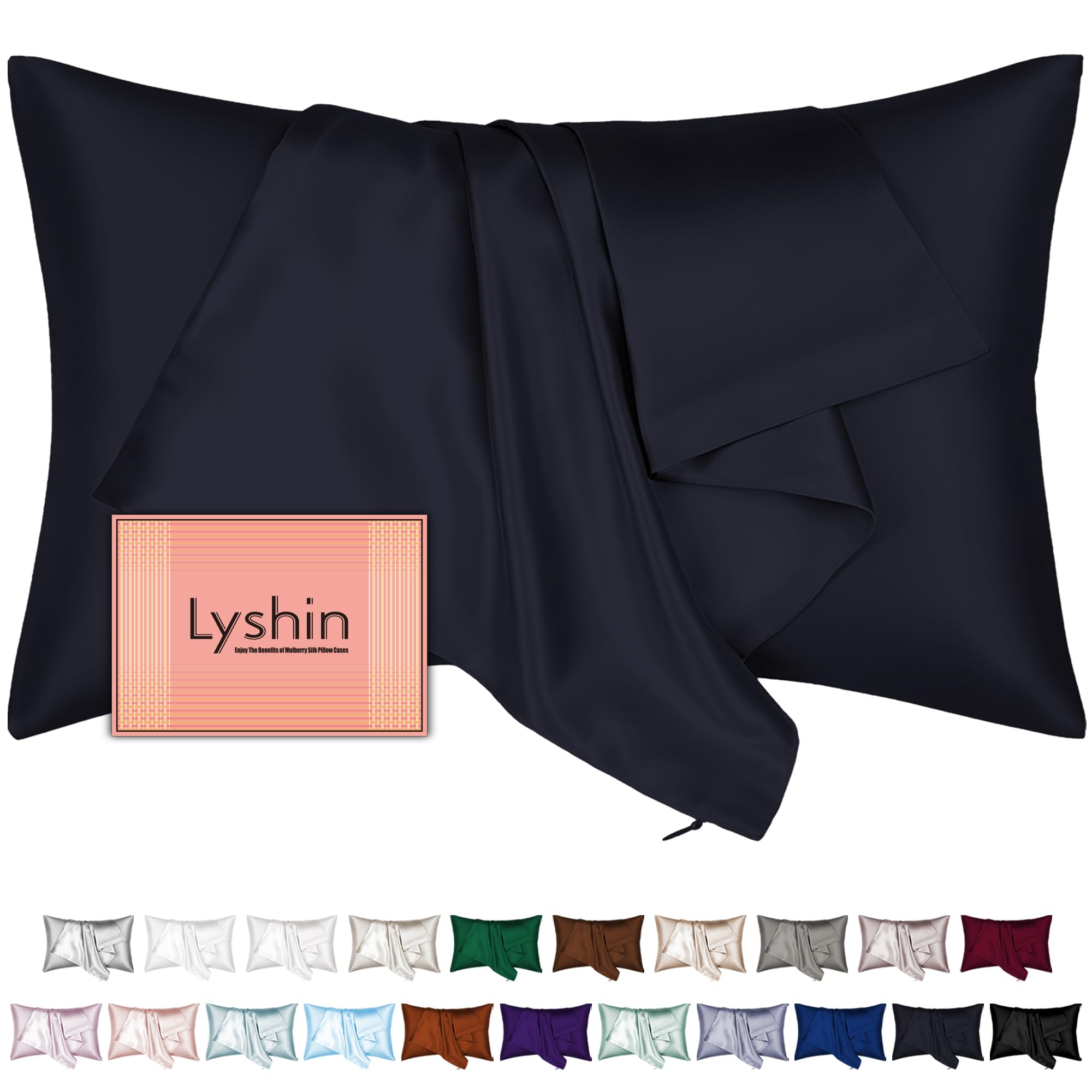LYSHIN Silk Pillow Cases Standard Size with Hidden Zipper, Navy Blue