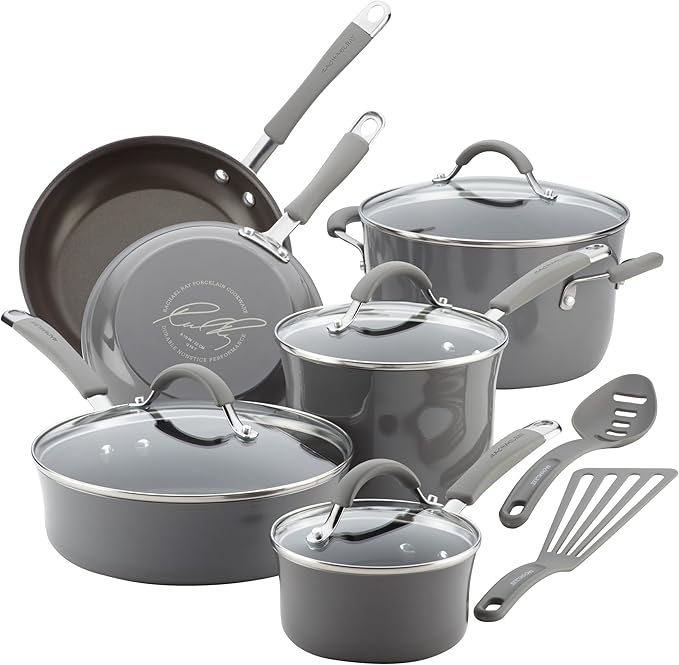 Rachael Ray Cucina Nonstick Cookware, Sea Salt Gray Pots and Pans Set, 12-Piece