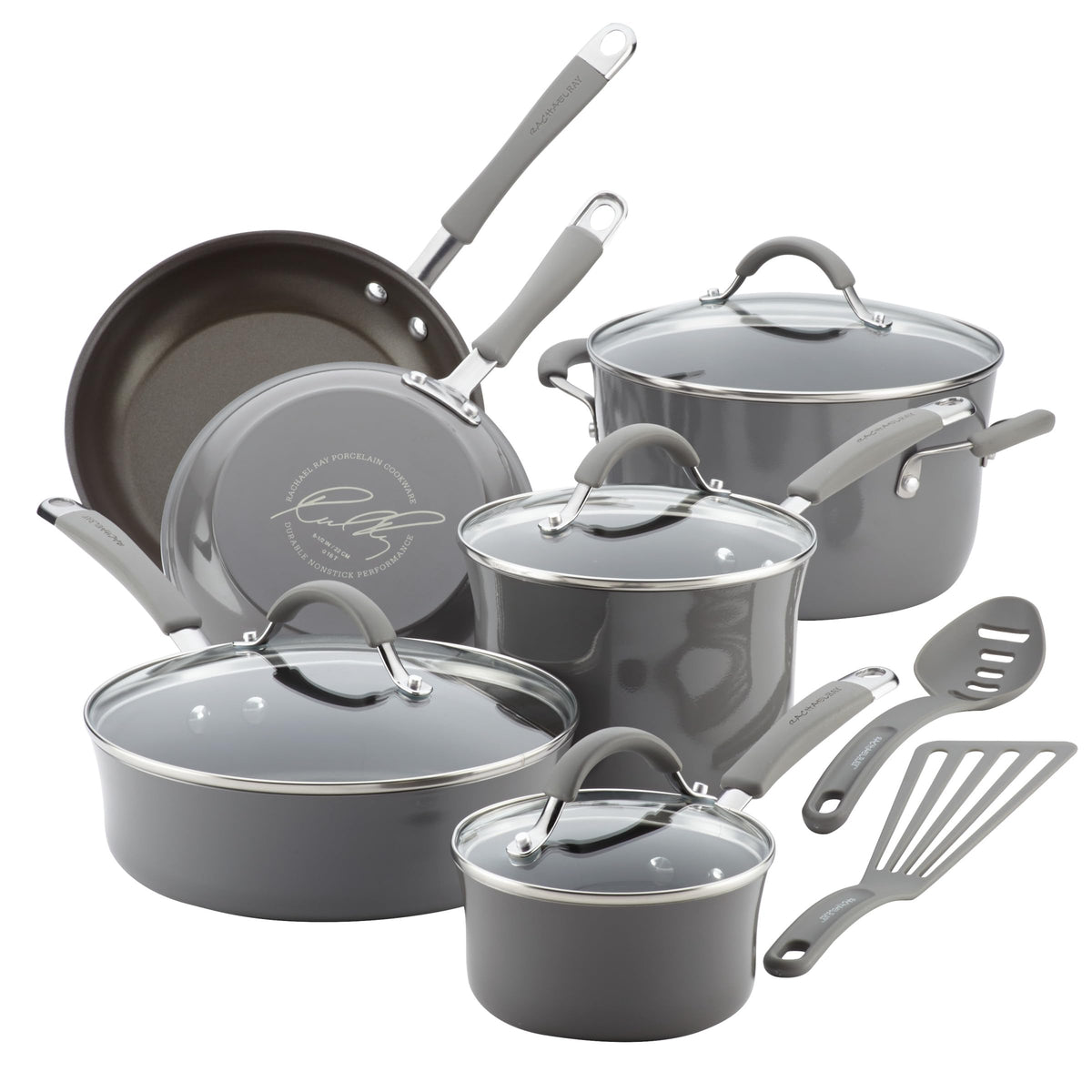 Rachael Ray Cucina Nonstick Cookware, Pumpkin Orange Pots and Pans Set, 12-Piece
