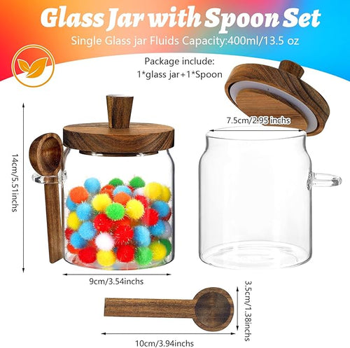 13oz Small Glass Food Storage Jar with Wood Lids Spoon Coffee Ground Canister Containers for Coffee Beans Bar Sugar Candy Spice Rice Tea (400ml/13.5oz-1 Pcs-with spoon)